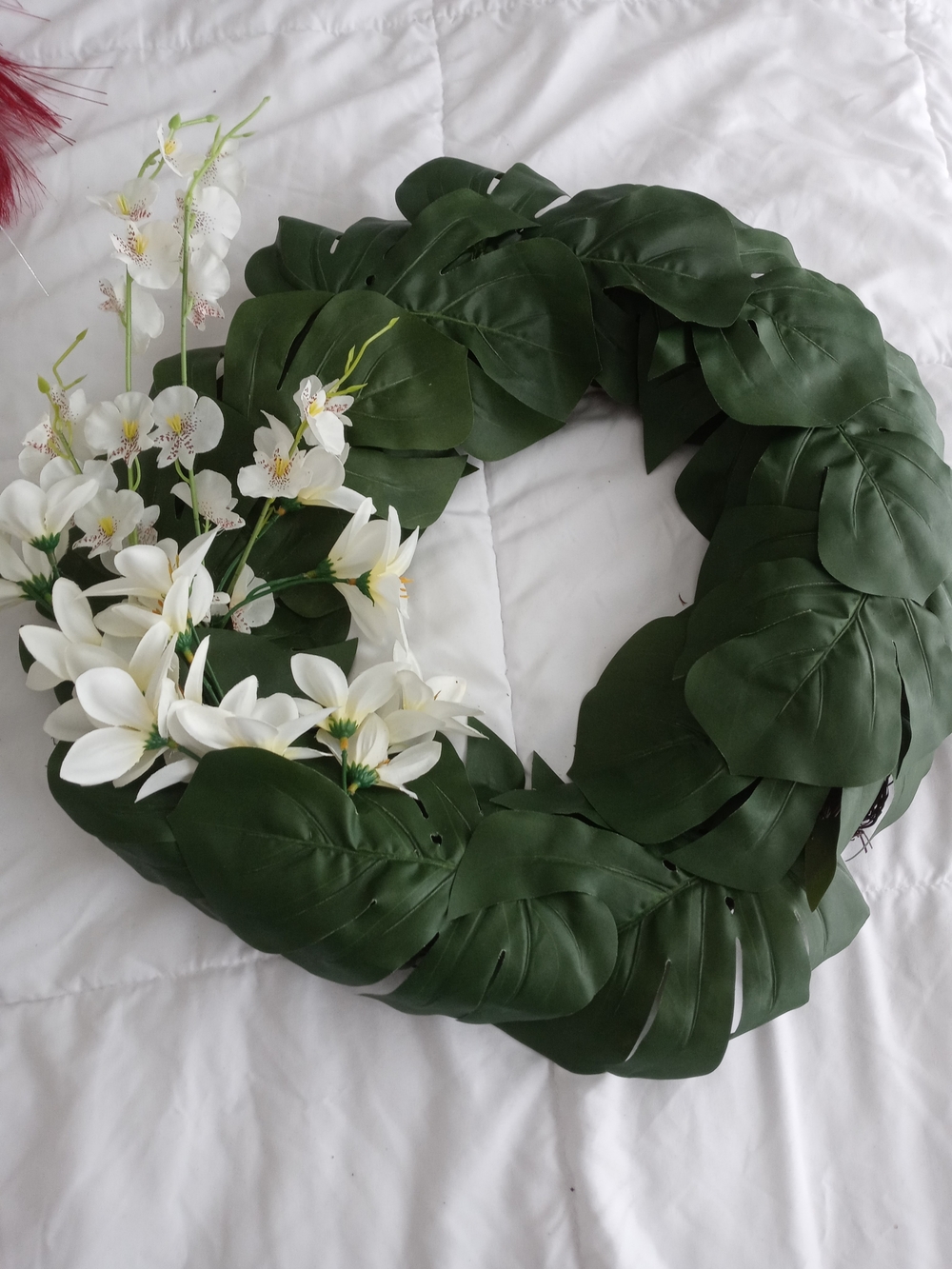Ashland Green Tropical Leaf Wreath with White Blossoms